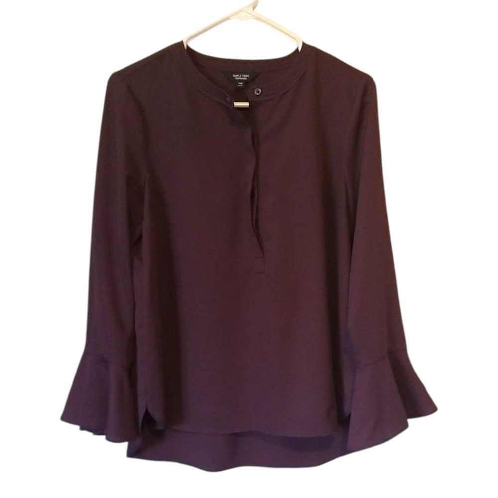 Simply Vera Wang Purple Blouse M Bell Sleeve Mandarin Collar Flowy Crepe Top - Picture 2 of 7